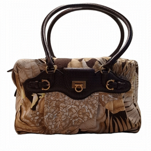 AUTH! SALVATORE FERRAGAMO Batik canvas print shoulder bag